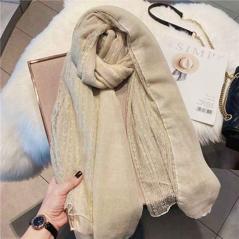 Sophisticated beige color soft long lace cotton hijab / orna