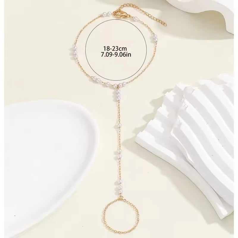 Pearl Link Bracelet Finger Ring For Women Connecting Ring Bracelet Chain Bracelet