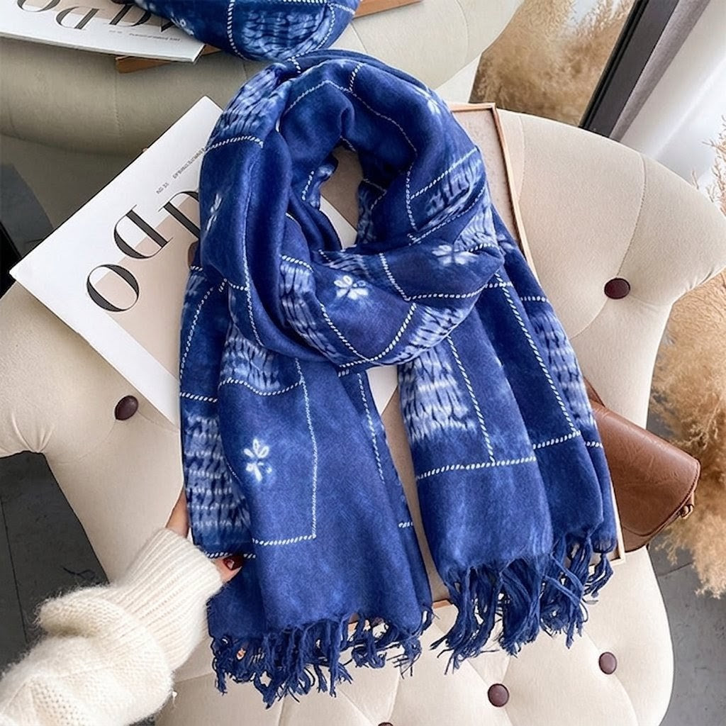 Ethnic Tie-Dye Style Buckle Women's Travel Sun Protection Yunnan Blue and White Literature Art Chinese Scarf / Hijab