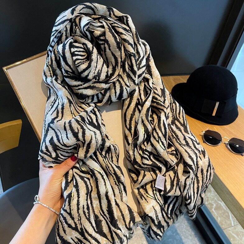 Stunning Black Rice High Quality Imported Zebra Printed Long Party Hijab / Orna Adorned With Elegant Golden Detailing