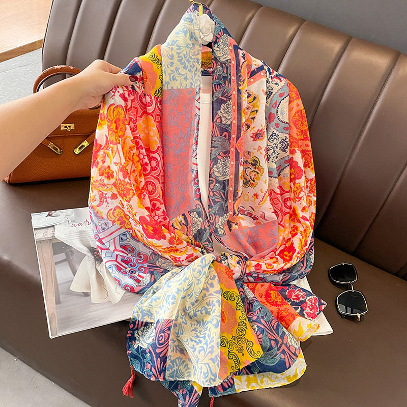 Colorful floral printed long tassel soft hijab/orna