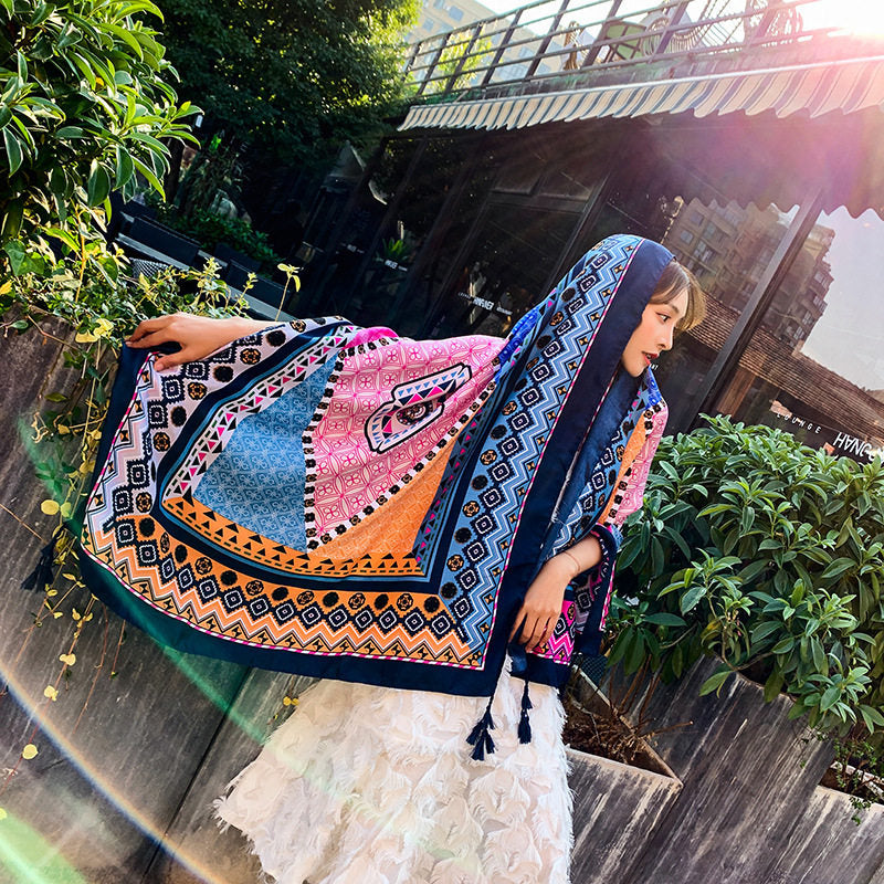 Multicolor Ethnic Style Printed Soft Long Summer Friendly Tassel Hijab / Orna