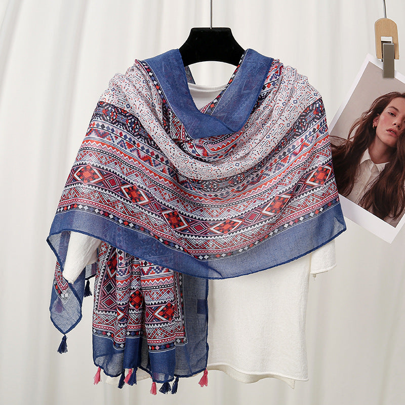 Classy Navy Blue Bohimian Ethnic Style Geometric Printed Imported Summer Friendly Long Tassel Hijab / Orna