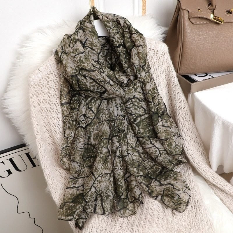 Military green colour leaf patterned soft long hijab