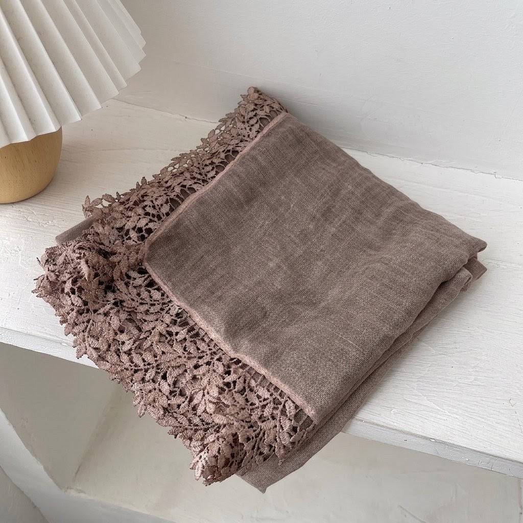 Stunning Khaki Color Artistic Lace Edged Imported Premium Summer Friendly Cotton Hijab / Orna