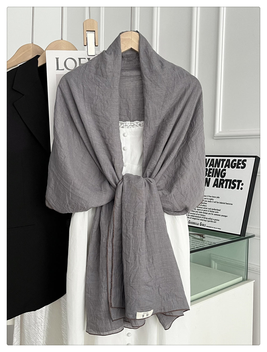 Stylish Light Gray Japanese-Style Imported Summer Friendly Long Wrinkled Cotton Hijab / Orna