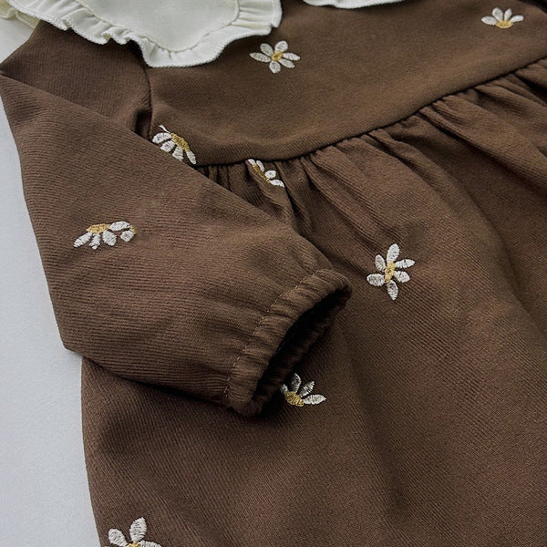Imported Baby Girl Flower Embroidered Brown Color Lapel New Baby Girl Long-Sleeved Pullover Princess Dress