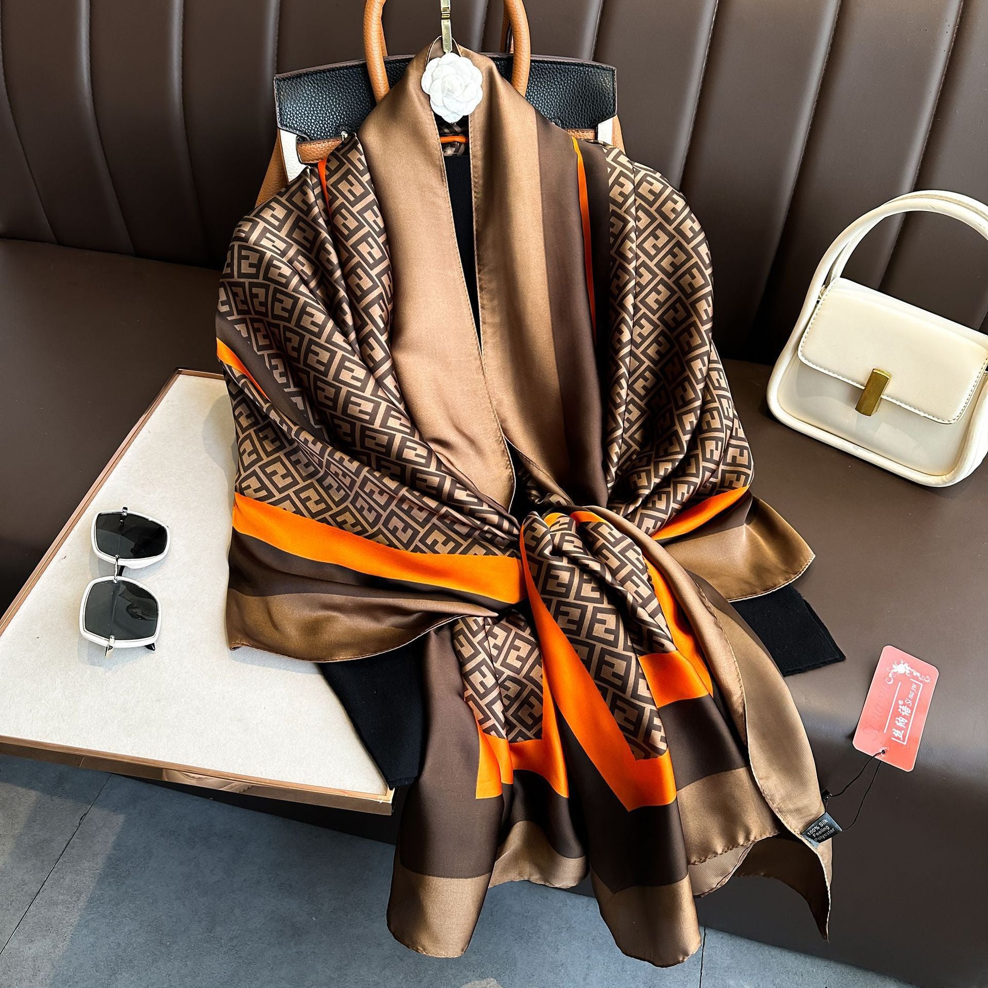 Brown & orange color mixed printed  silk scarf / hijab