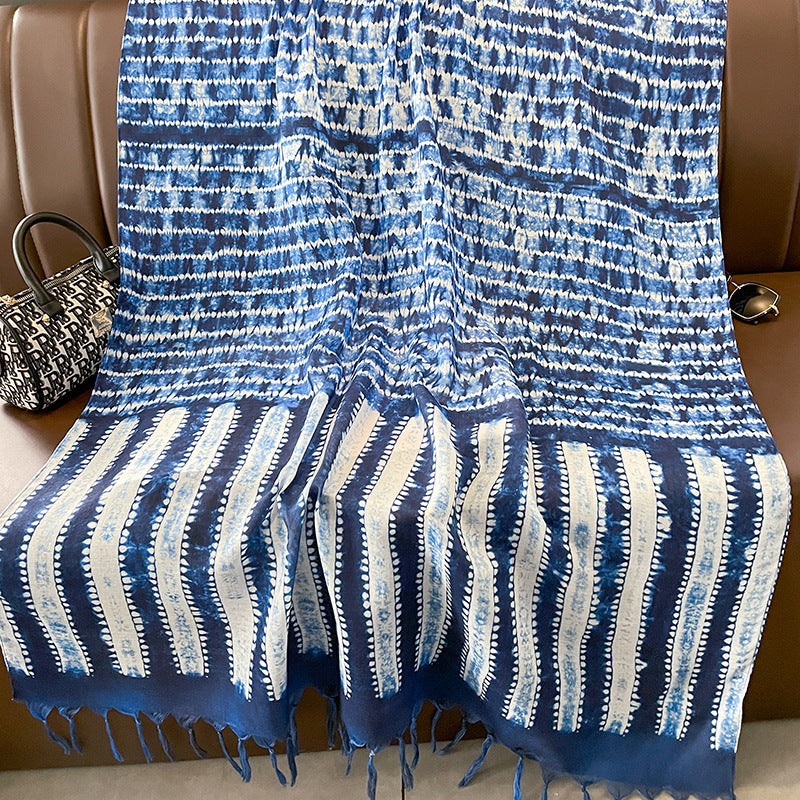 Ethnic Tie-Dye Style Buckle Women's Travel Sun Protection Yunnan Blue and White Literature Art Chinese Big Size Scarf / Hijab