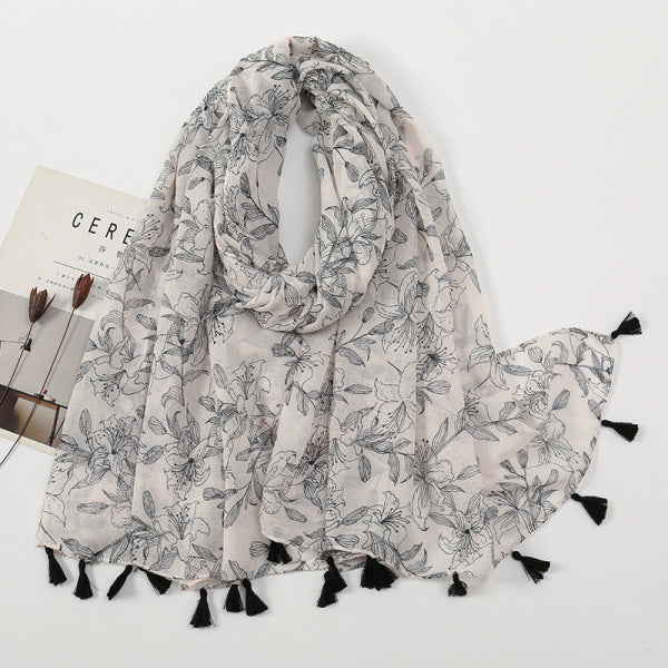 Stylish Black And White Floral Printed Imported Summer Friendly Long Tassel Hijab / Orna