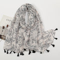 Stylish Black And White Floral Printed Imported Summer Friendly Long Tassel Hijab / Orna