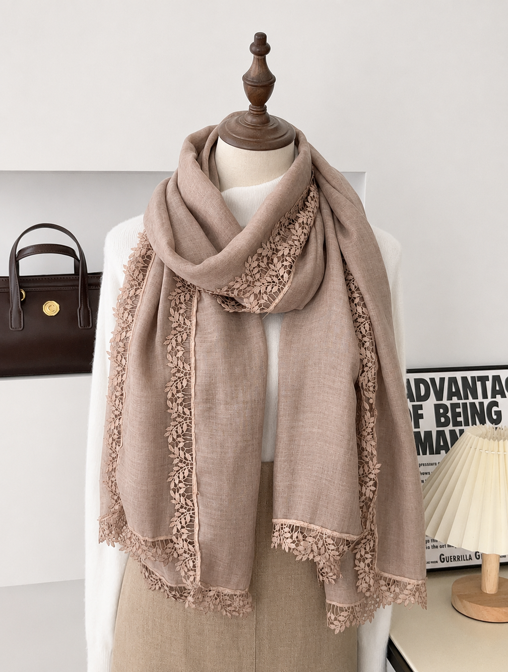 Stunning Khaki Color Artistic Lace Edged Imported Premium Summer Friendly Cotton Hijab / Orna