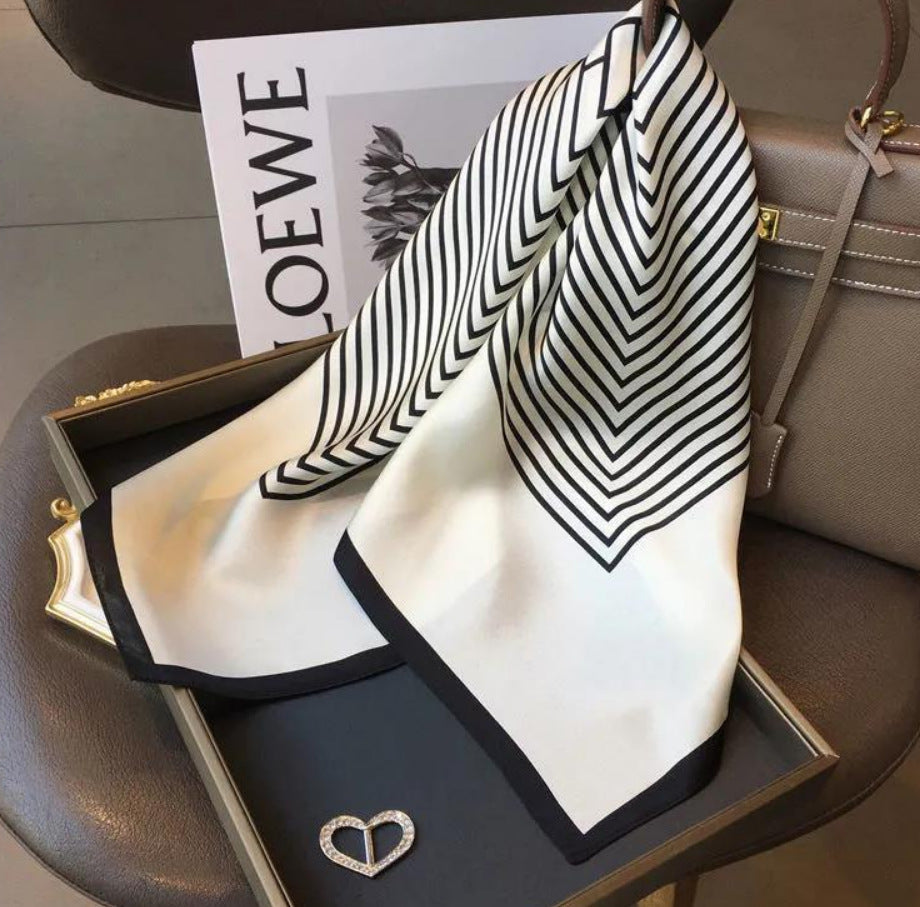 Black & White Striped Square Silk Scarf