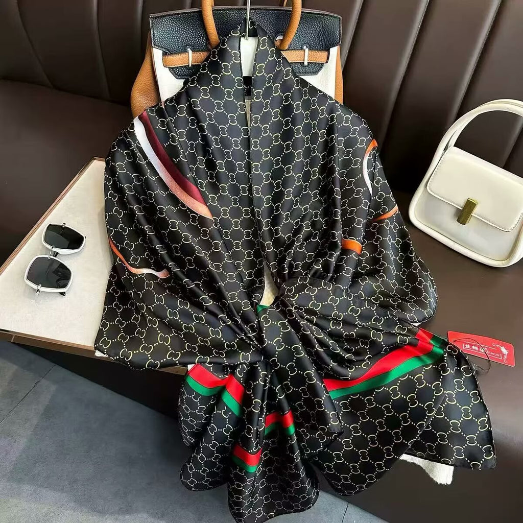 Elegant black printed long silk scarf / orna