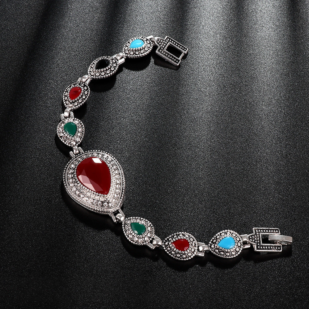 Vintage Fashion Water Drops Red Big Gemstone Diamond Noble Ladies Imported Silver Bracelet Colorful Resin Stone Elegant Temperament