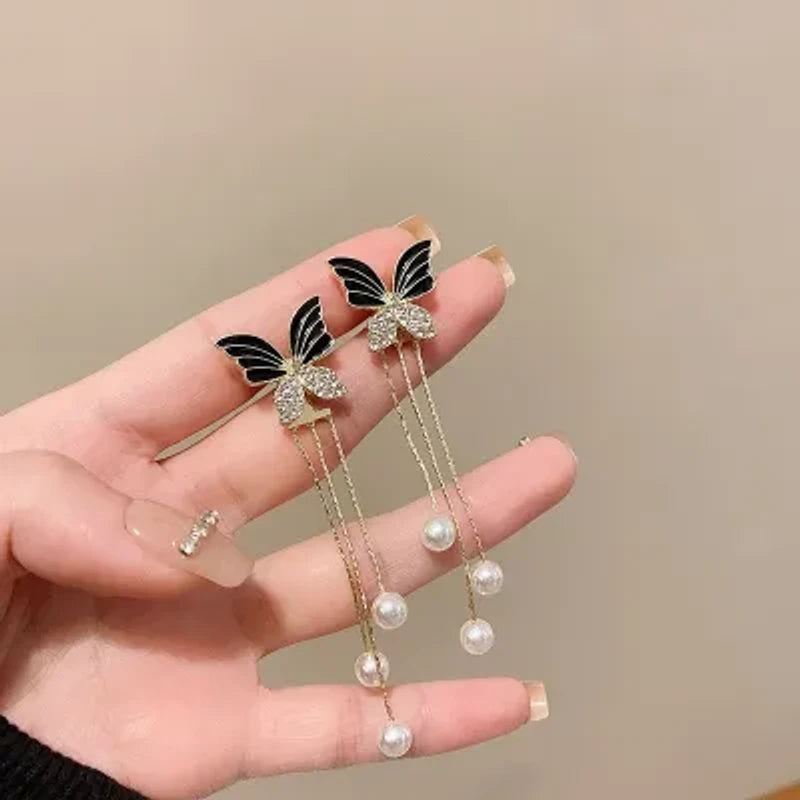 Elegant black color butterfly long tassel earrings