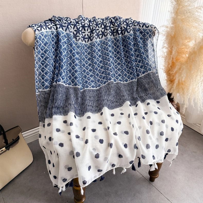 Classy Blue White Printed Tassel Long Soft Imported Summer-Friendly Hijab / Orna