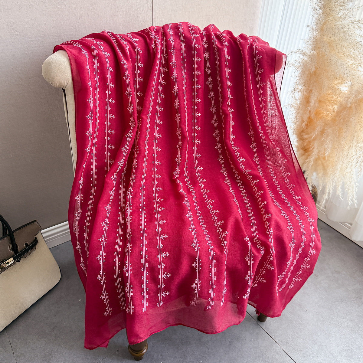Gorgeous Cherry Red Floral Printed Long Soft Imported Summer Friendly Tassel Hijab / Orna