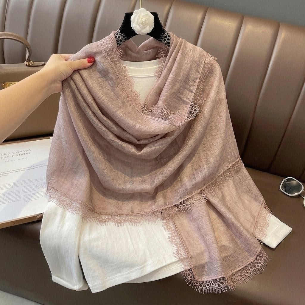 Pretty Dusty Pink New Japanese Travel Sunscreen Literary Retro Women's Summer Friendly All-match Solid Color Long Lace Hijab / Orna