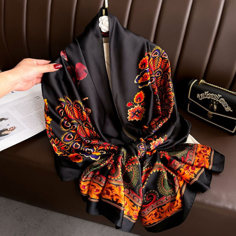 Botanical patterned black silk hijab