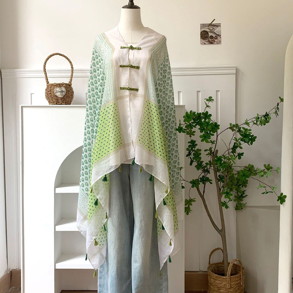 Beautiful light green soft long tassel cape