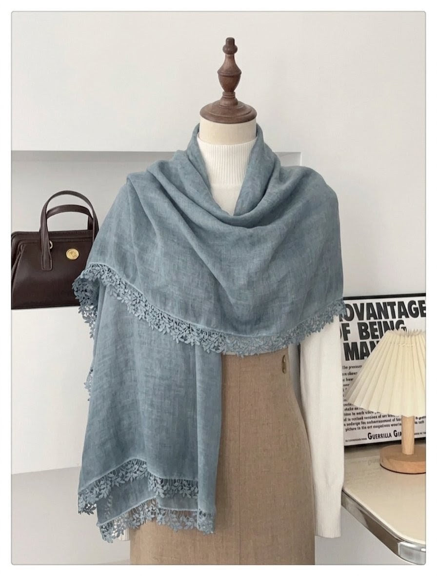 Elegant Dusty Blue Artistic Lace Edged Imported Premium Summer Friendly Cotton Hijab / Orna