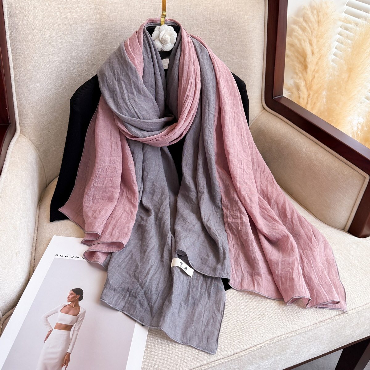 Pretty Pink Gray Gradient Color Japanese-Style Imported Wrinkled Cotton Long Hijab / Orna with Contrasting Patchwork