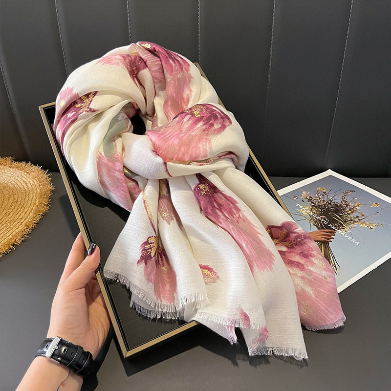 Pretty Pink Color High Quality Imported Long Soft Floral Printed Party Hijab / Orna