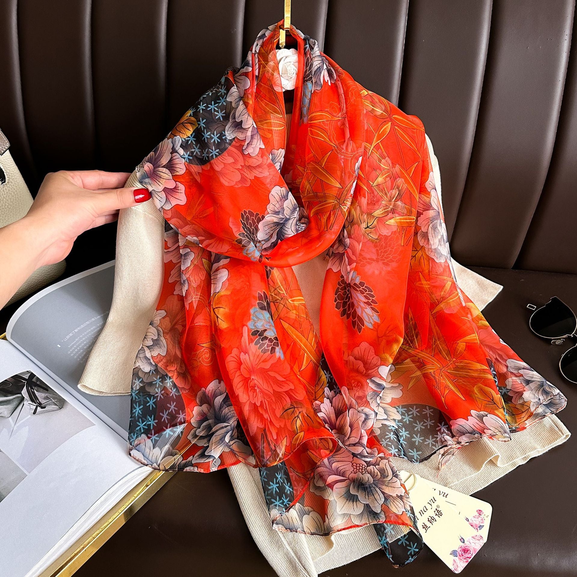 Beautiful flower patterned long silk scarf / orna