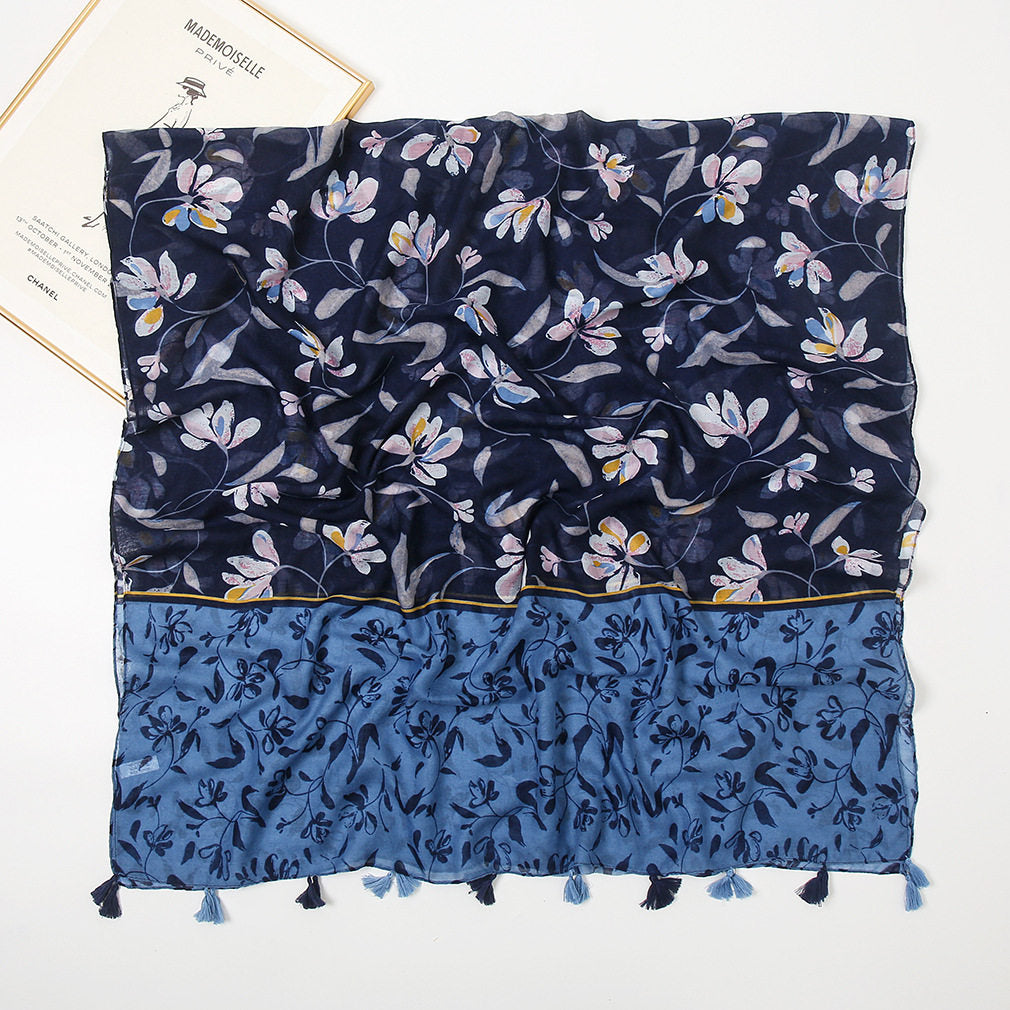 Blue black mixed floral printed tassel soft breathable long hijab / orna