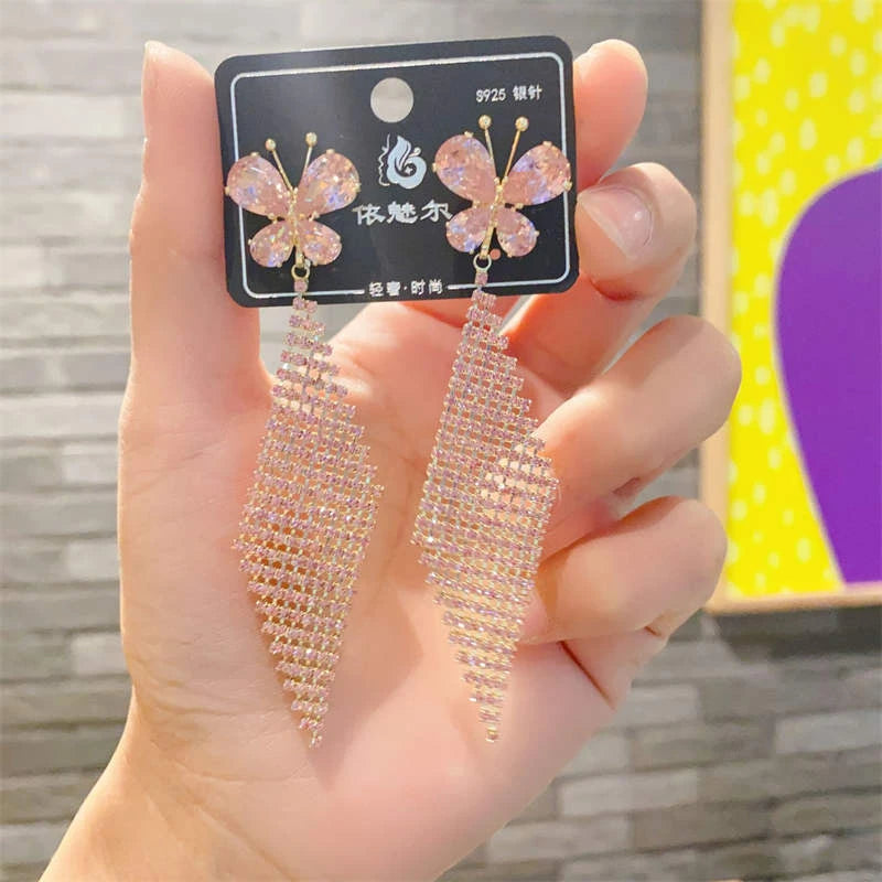 Pretty rose pink crystal tassel earrings