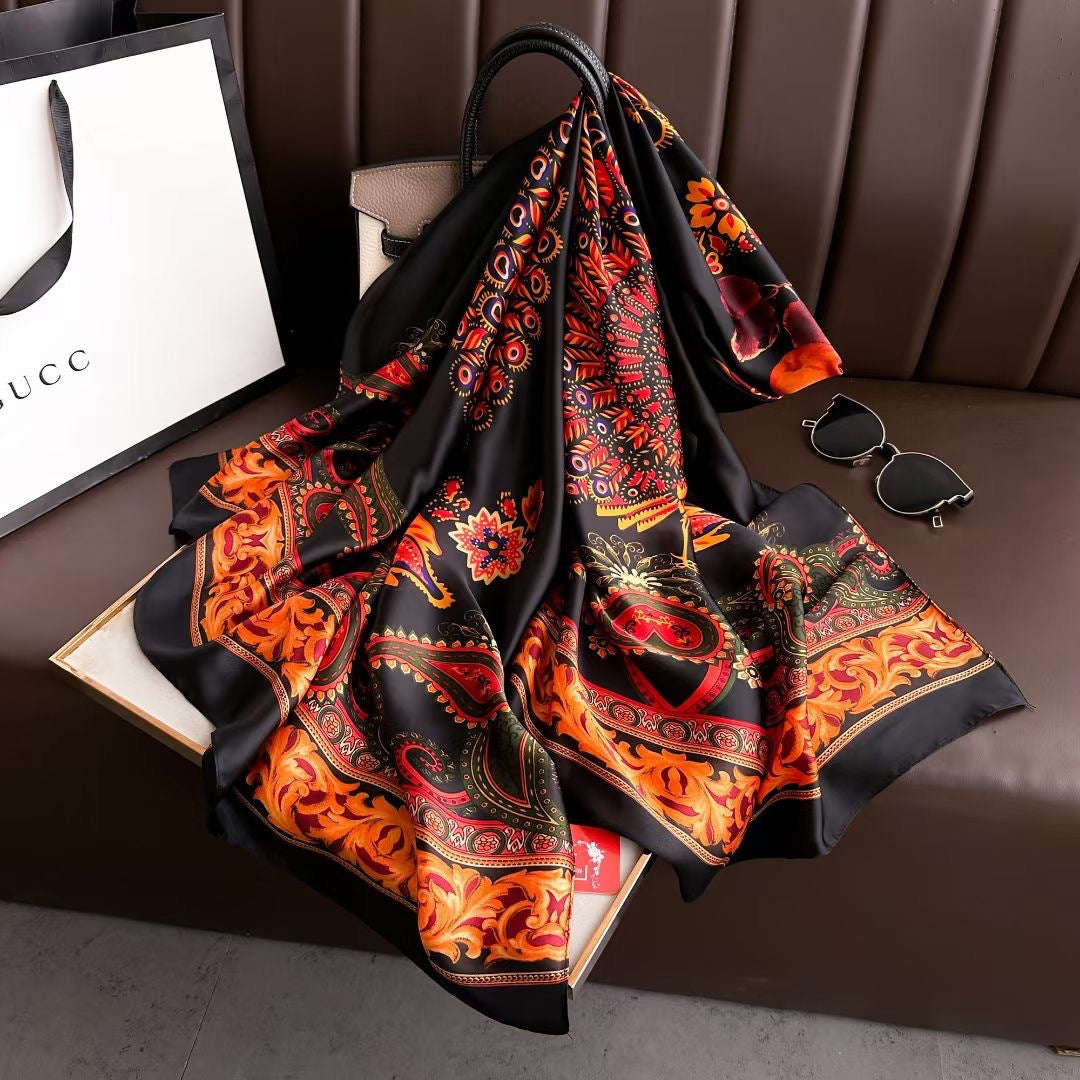 Botanical patterned black silk hijab