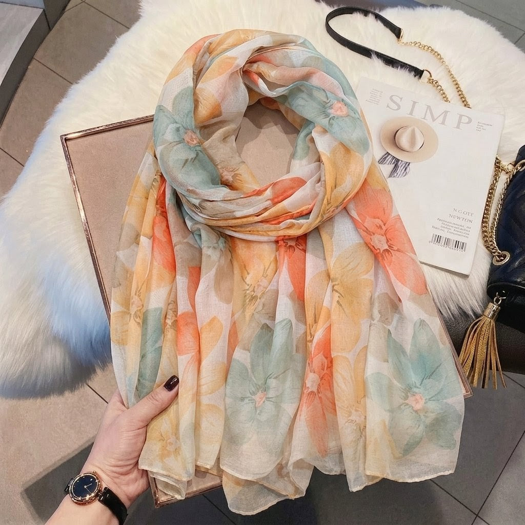 Beautiful orange color floral printed long soft hijab / orna