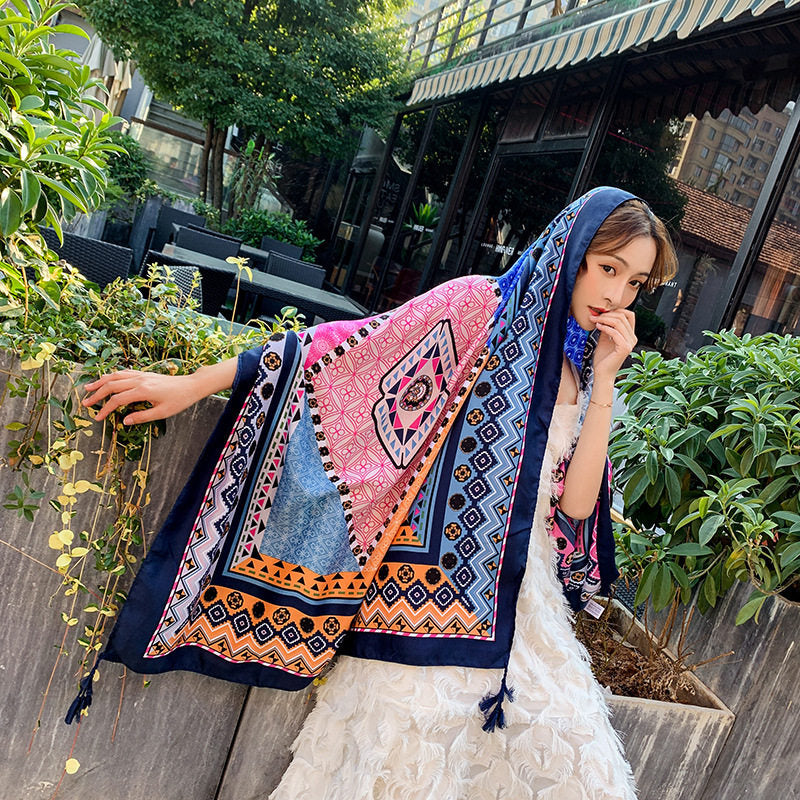 Multicolor Ethnic Style Printed Long Tassel Hijab / Orna