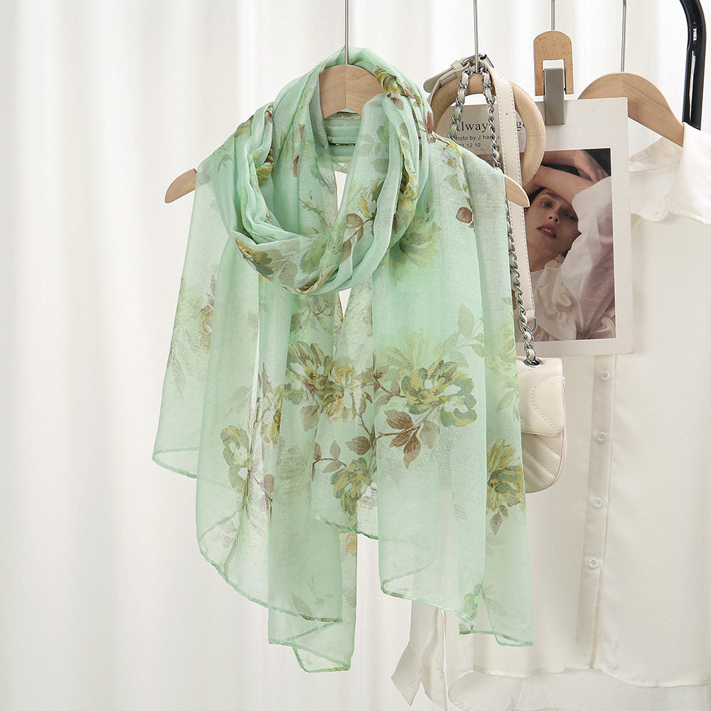 Classy Light Green Imported Floral Printed Summer Friendly Long Hijab / Orna