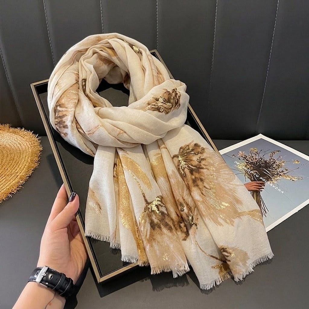 Classy Khaki Color High Quality Imported Long Soft Floral Printed Party Hijab / Orna