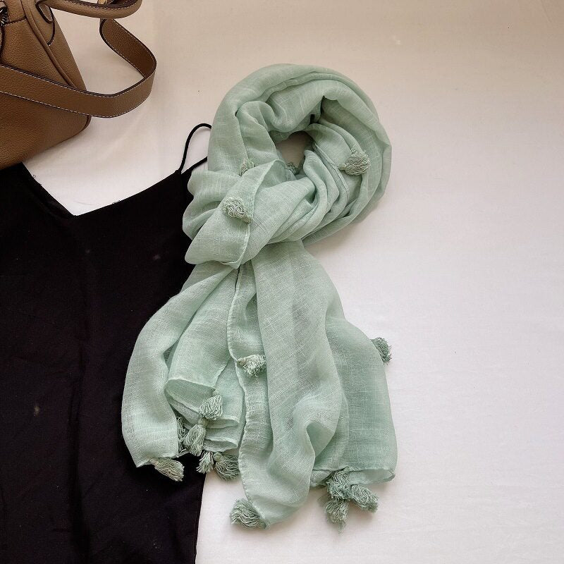 Classy Seafoam Green Fringed Vintage-Style Imported Super Soft Long Summer Friendly Tassel Cotton Hijab / Orna