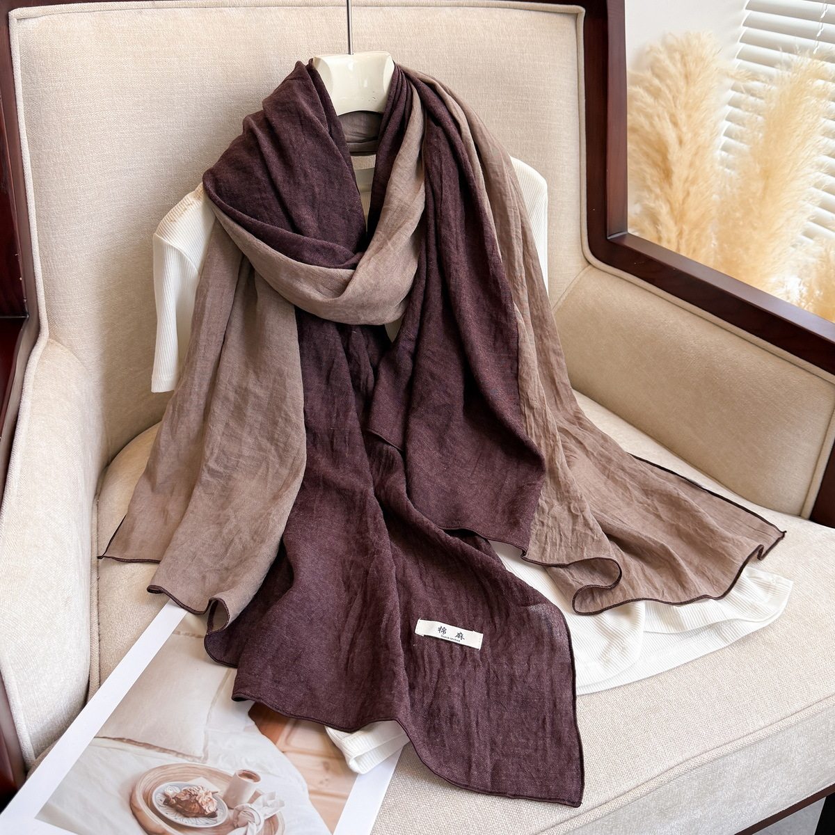 Classy Chocolate Brown & Taupe Gradient Color Japanese-Style Imported Wrinkled Cotton Long Hijab / Orna with Contrasting Patchwork
