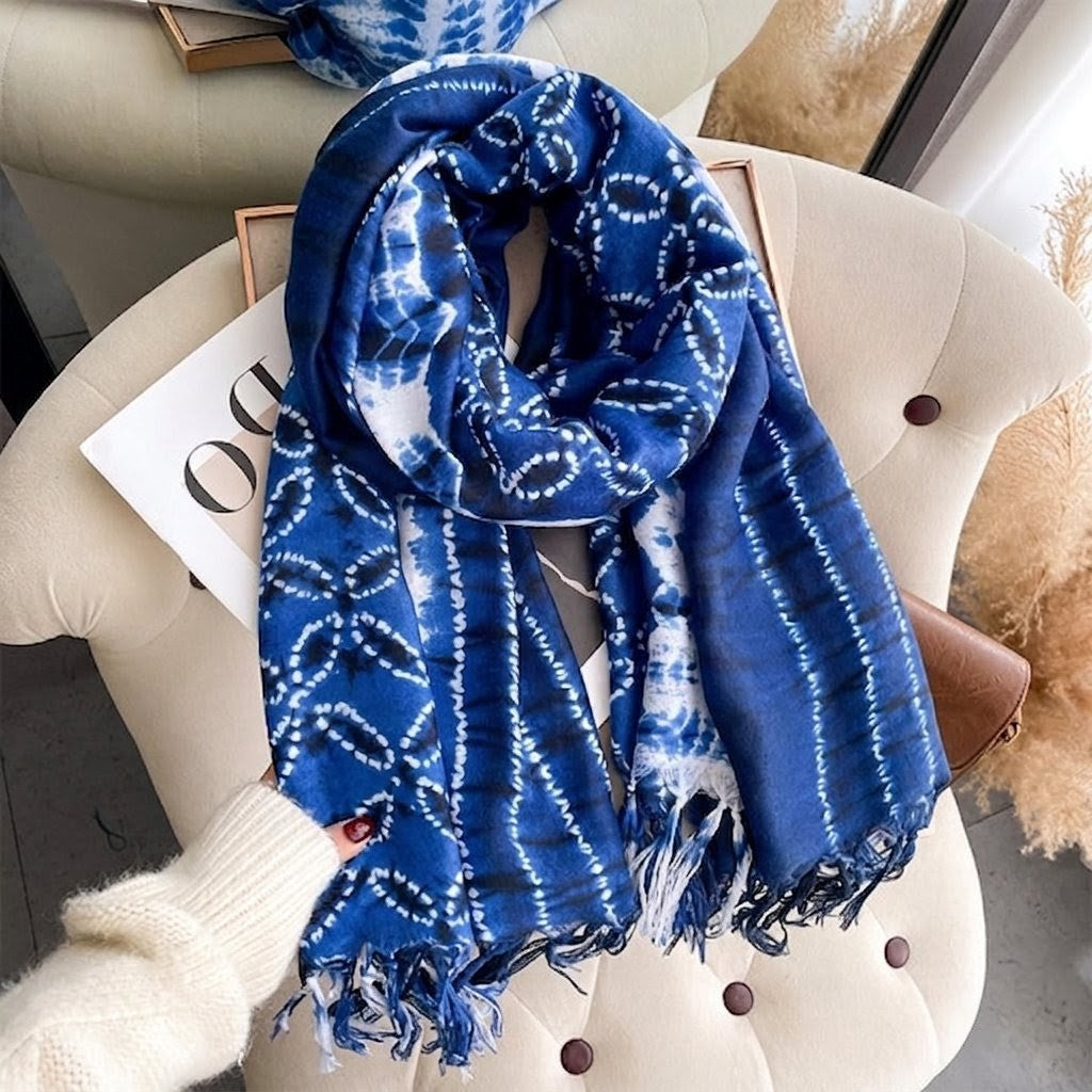 Ethnic Tie-Dye Style Buckle Women's Travel Sun Protection Yunnan Blue and White Literature Art Chinese Big Size Scarf / Hijab