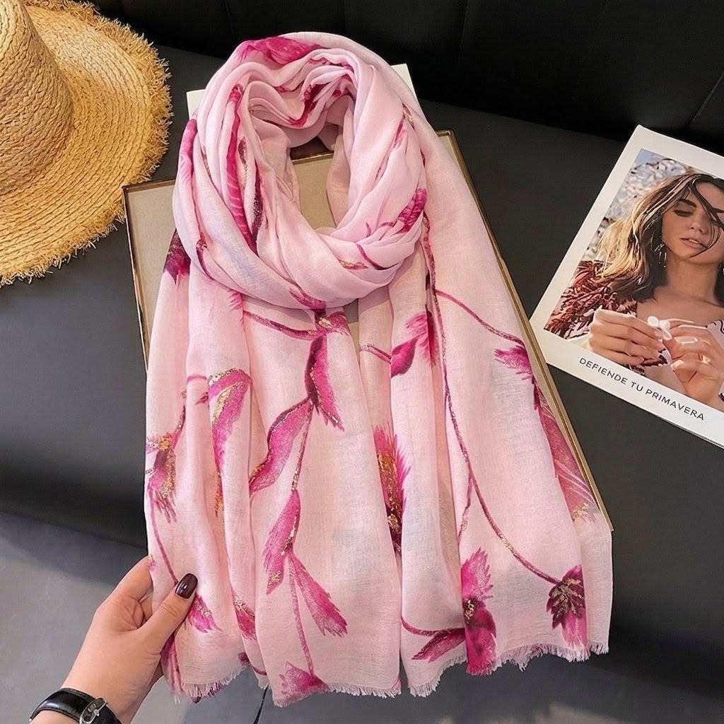 Beautiful Pink Colour High Quality Imported Long Soft Floral Printed Party Hijab / Orna