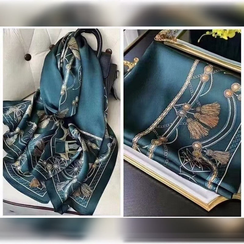 Green royal printed silk hijab / orna