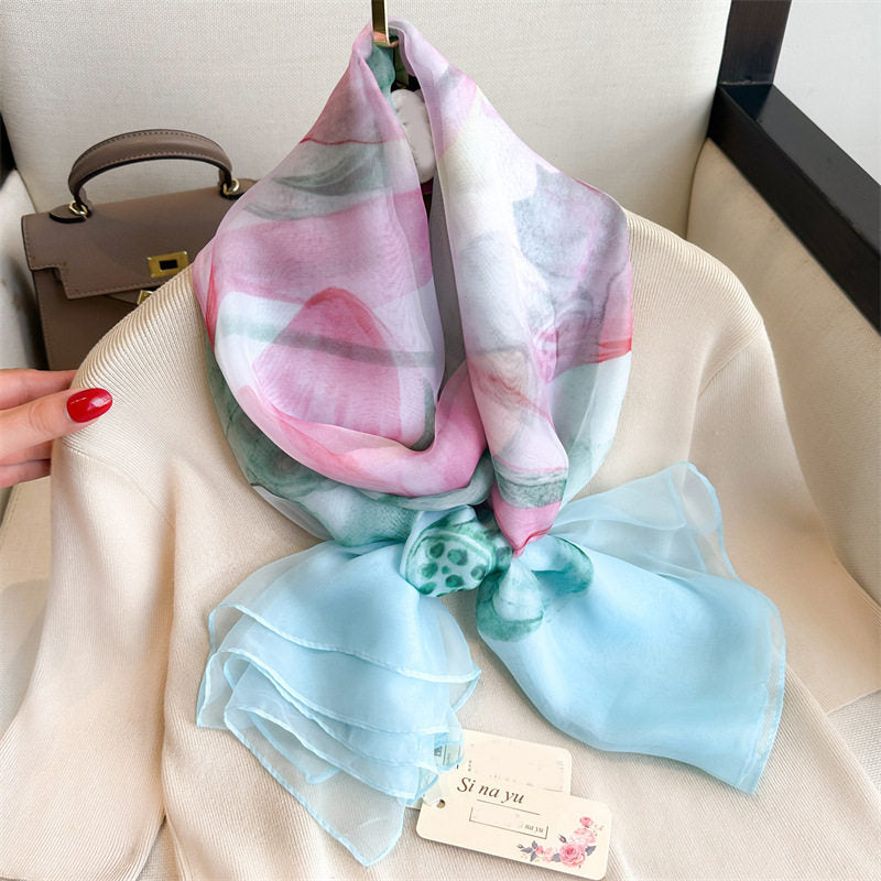 Multicoloured Floral Lotus Printed Imported Long Silk Scarf / Orna