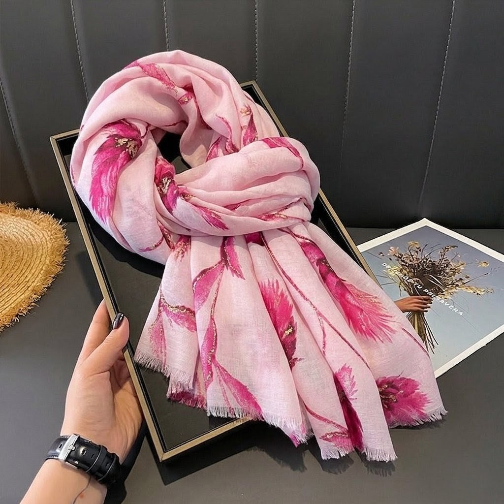 Beautiful Pink Colour High Quality Imported Long Soft Floral Printed Party Hijab / Orna