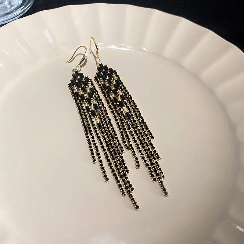 Silver Needle Exaggerated Diamond-encrusted Geometric Tassel Earrings