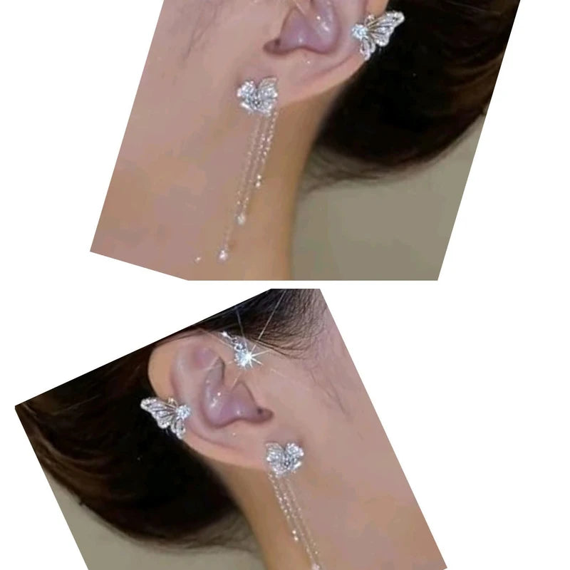Sparkling Silver Color Crystal Flower Ear Cuff Without Piercing Clip Earrings Irregular Tassel Ear Clip ( 1 pair)