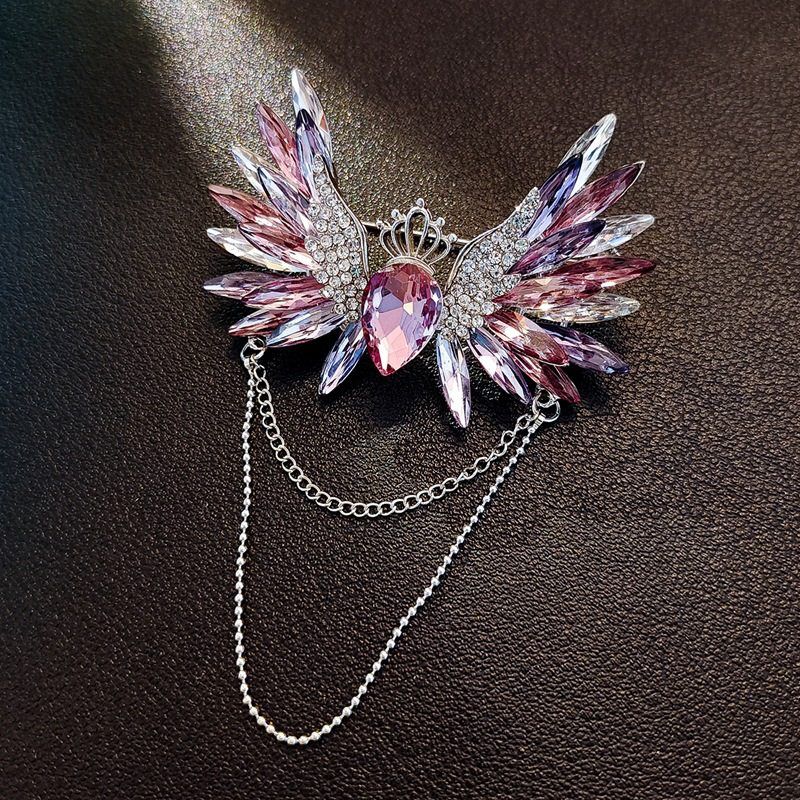 Crystal Butterfly Wing Imported Brooch With Crown And Tassel Pendant