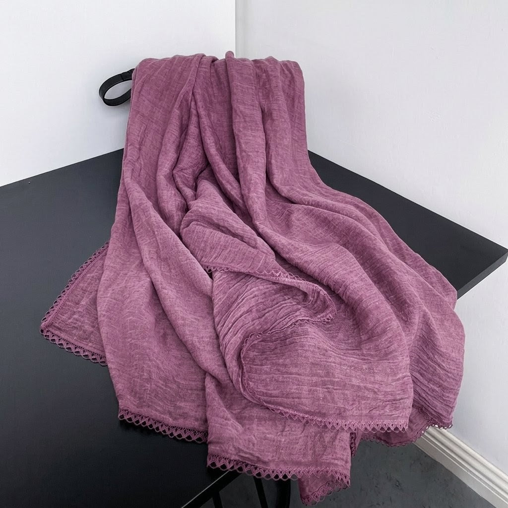 Classy Purple Color Lace Pleated Artistic Imported Premium Soft Cotton Lace Hijab / Orna