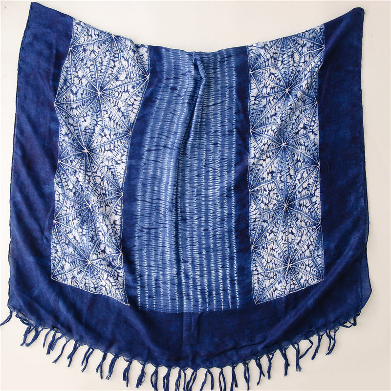 Ethnic Tie-Dye Style Buckle Women's Travel Sun Protection Yunnan Blue and White Literature Art Chinese Big Size Scarf / Hijab