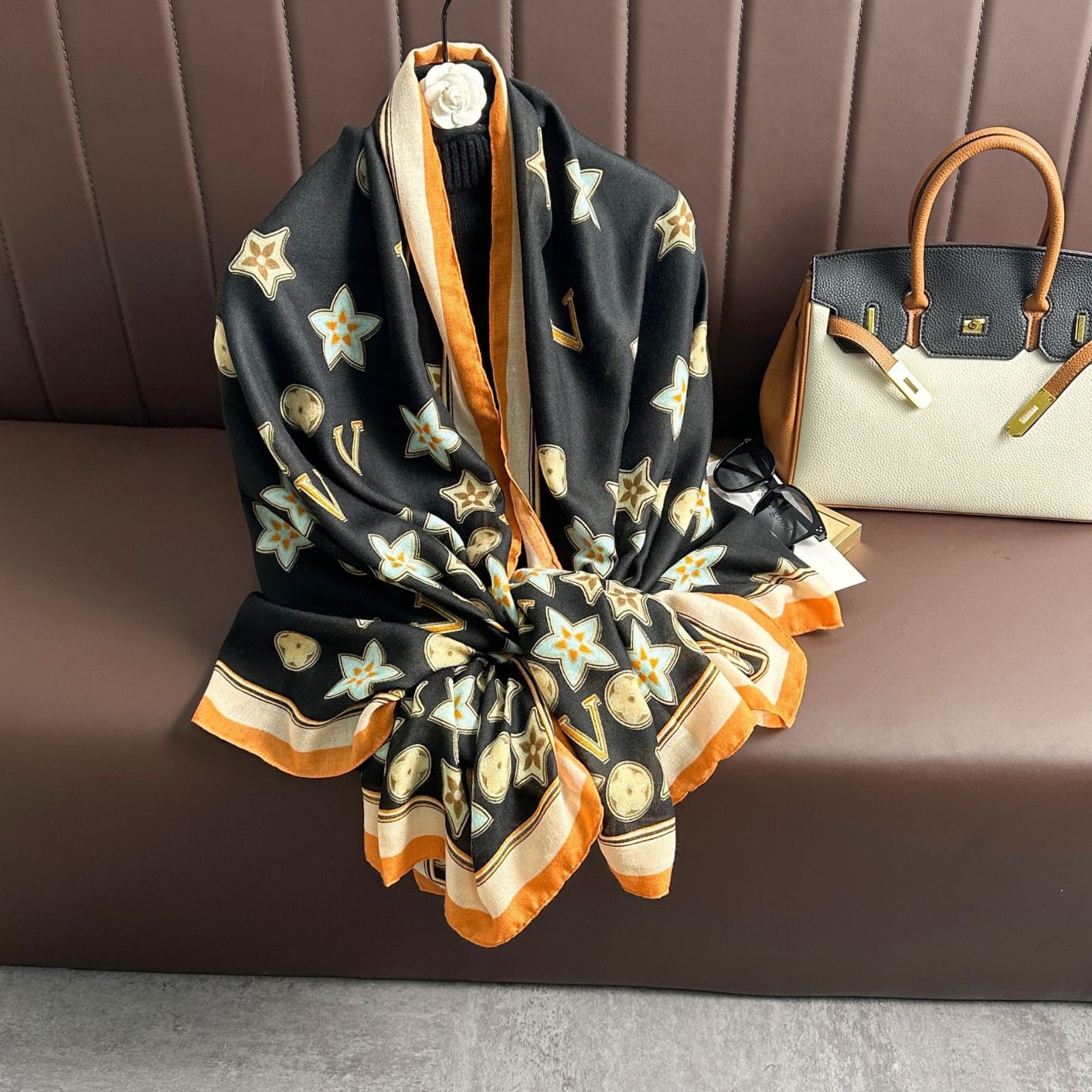 Black & orange star patterned soft viscose hijab / orna