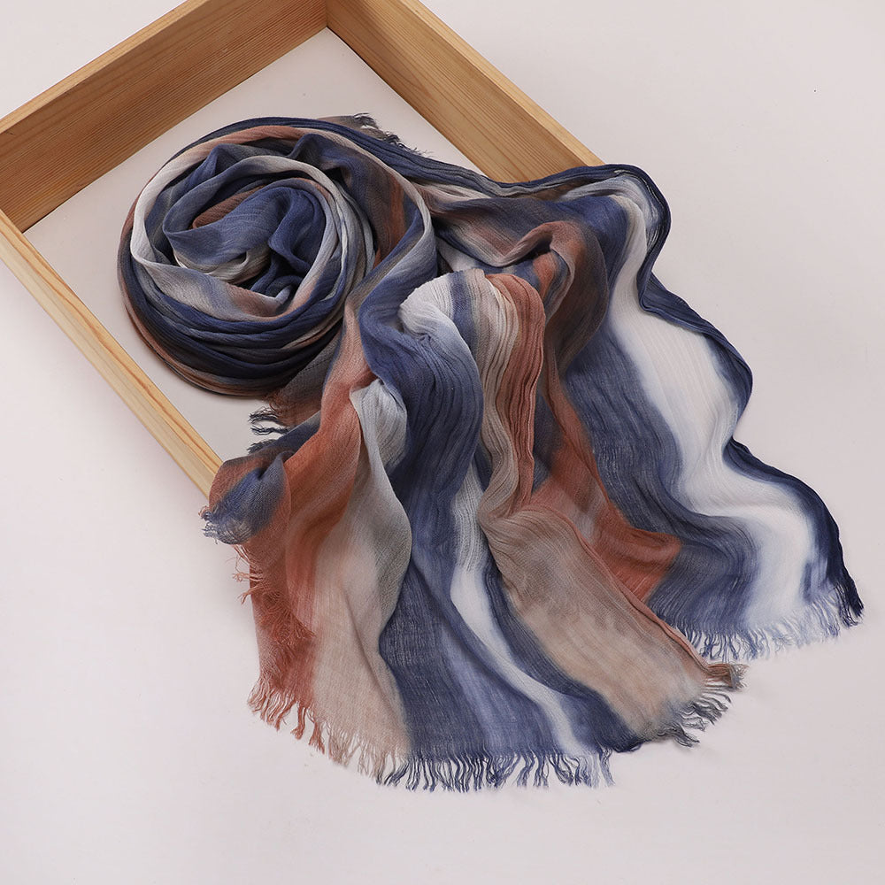 Elegant Navy Blue High Quality Tudung Rayon Cotton Scarf Women Girl Ombre Striped Imported Long Crinkle Breathable Printed Hijab / Orna